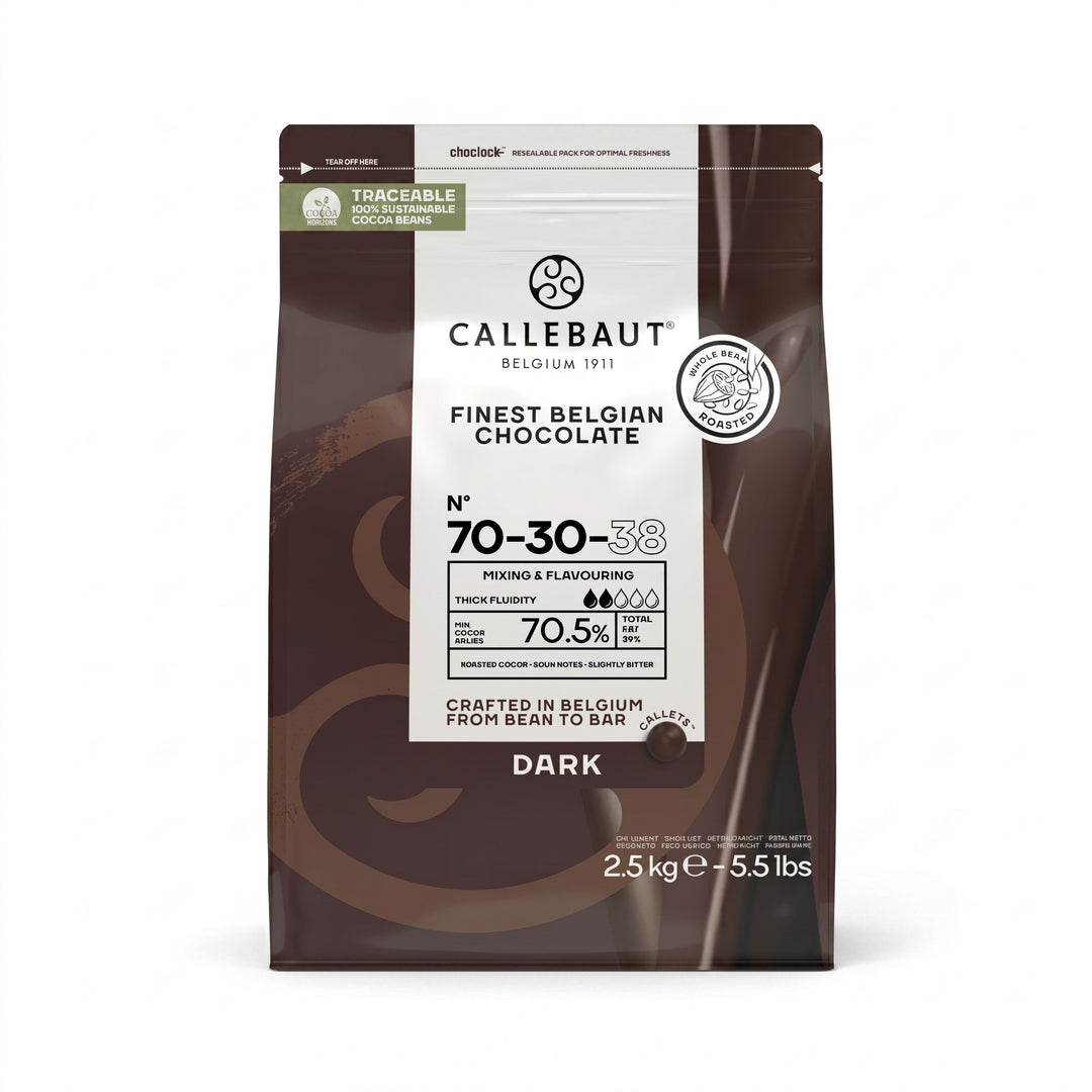 Chokladshopen Callebaut 70-30-38 mörk chokladcouvertyr 70,5% i 2,5kg förpackning för professionell bakning.