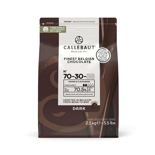 Chokladshopen Callebaut 70-30-38 mörk chokladcouvertyr 70,5% i 2,5kg förpackning för professionell bakning.