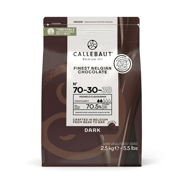 Chokladshopen Callebaut 70-30-38 mörk chokladcouvertyr 70,5% i 2,5kg förpackning för professionell bakning.