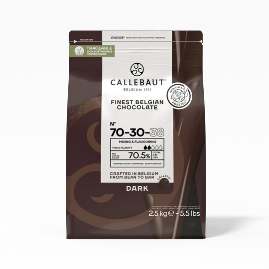 Chokladshopen Callebaut 70-30-38 mörk chokladcouvertyr 70,5% i 2,5 kg förpackning för professionell bakning.