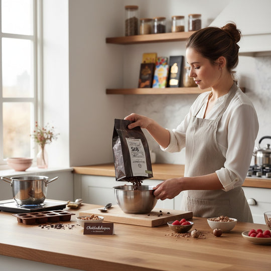 Kvinna i förkläde häller Callebaut 2815 mörk choklad från Chokladshopen i en skål i ett ljust kök.