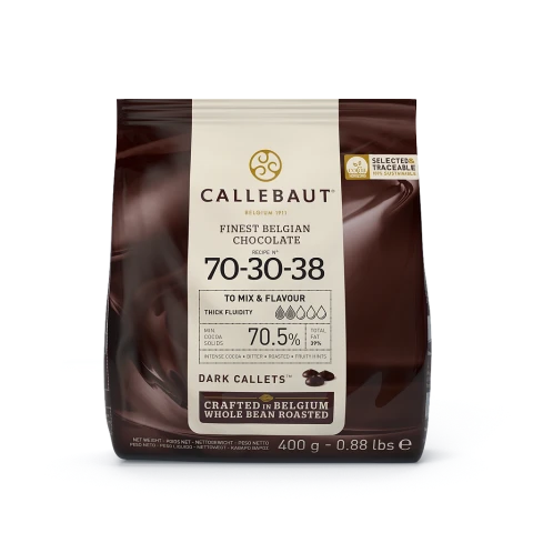 Chokladshopen Callebaut 70-30-38 mörk chokladcouvertyr 70,5% i 400g förpackning för bakning och pralintillverkning.