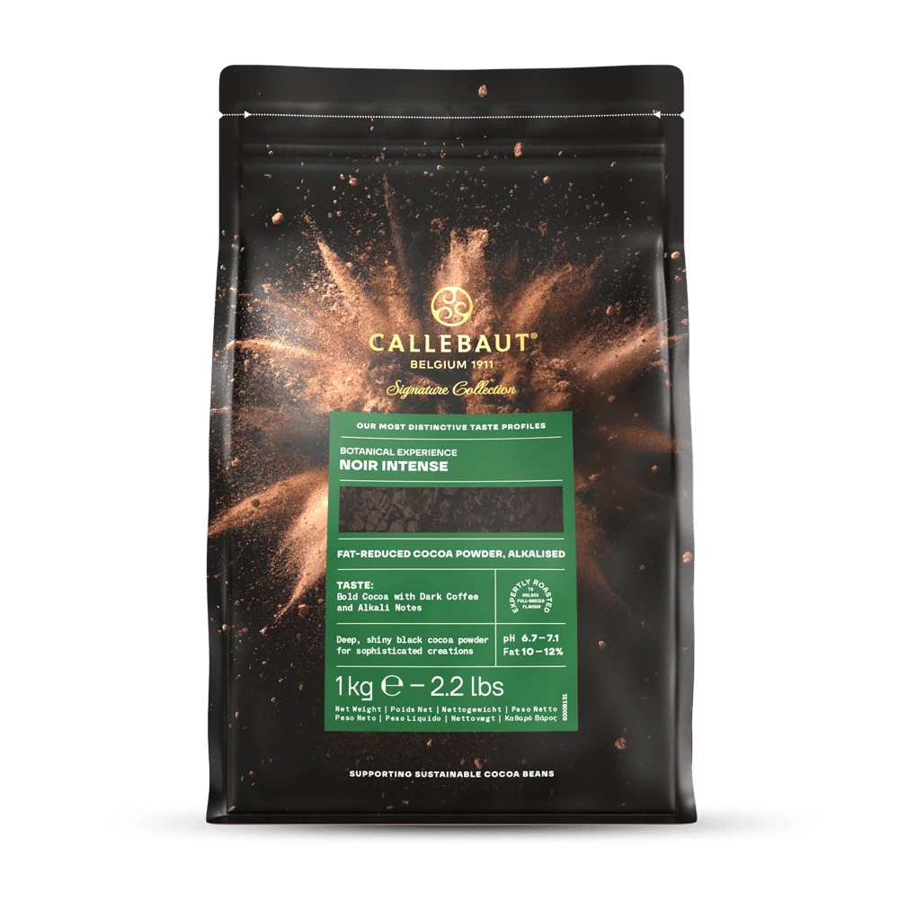 Chokladshopen Callebaut Noir Intense kakaopulver i en svart 1kg förpackning för professionell bakning.