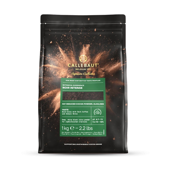 Chokladshopen Callebaut Noir Intense kakaopulver i en svart 1kg förpackning för professionell bakning.