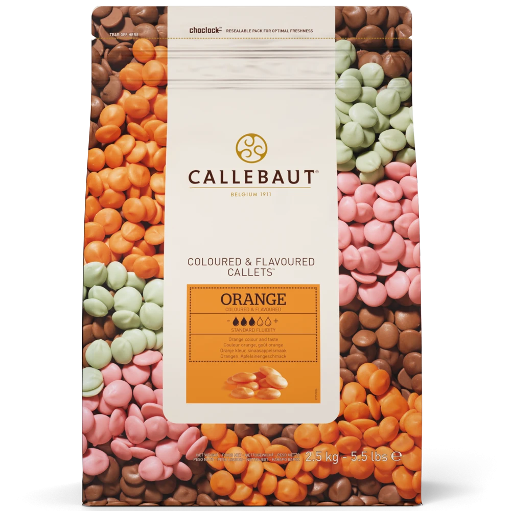 Chokladshopen Callebaut Orange chokladknappar i 2,5kg förpackning med smak av apelsin och livfull orange färg.