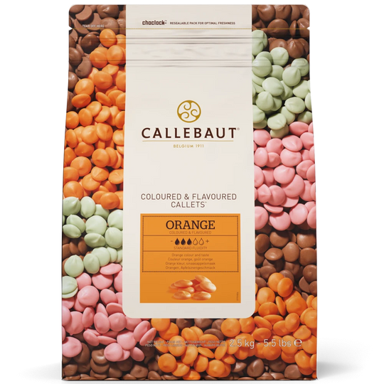 Chokladshopen Callebaut Orange chokladknappar i 2,5kg förpackning med smak av apelsin och livfull orange färg.
