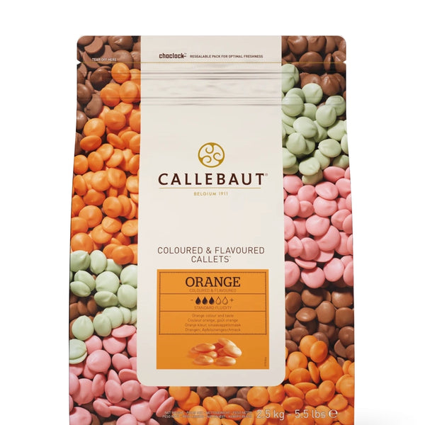 Chokladshopen Callebaut Orange chokladknappar i 2,5kg förpackning med smak av apelsin och livfull orange färg.