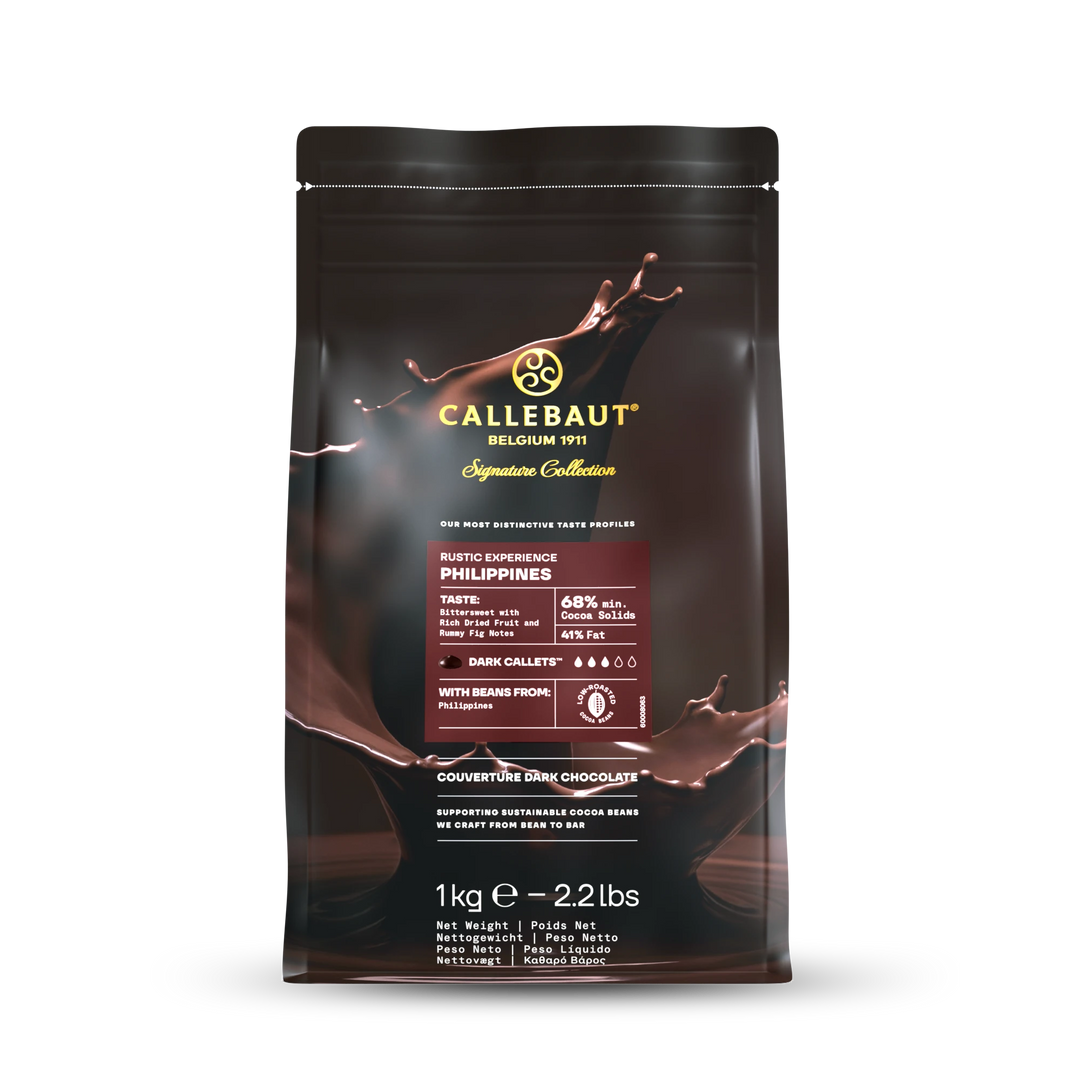 Callebaut Rustic Philippines 68% mörk choklad i 1kg påse från Chokladshopen med stänk av flytande choklad.