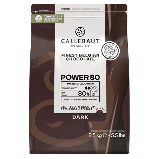 Chokladshopen Callebaut Power 80% mörk chokladcouvertyr i 2,5 kg förpackning för professionell bakning.