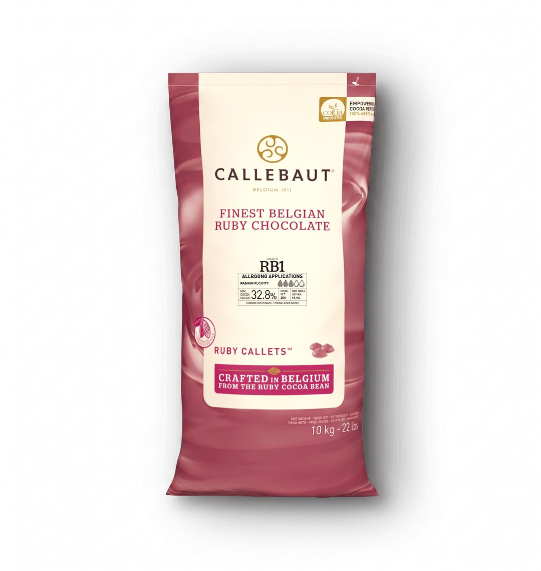 Chokladshopen Callebaut RB2 Ruby choklad i 10 kg förpackning med rosa design för professionell bakning och desserter.