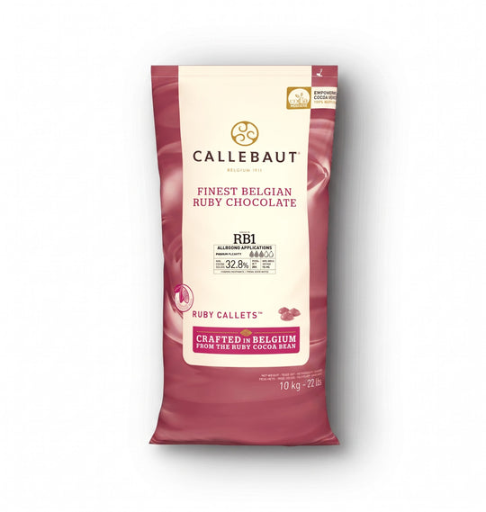 Chokladshopen Callebaut RB2 Ruby choklad i 10 kg förpackning med rosa design för professionell bakning och desserter.
