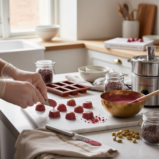 Chokladshopen person i handskar som dekorerar Ruby-chokladpraliner på en marmorskiva i ett ljust kök.