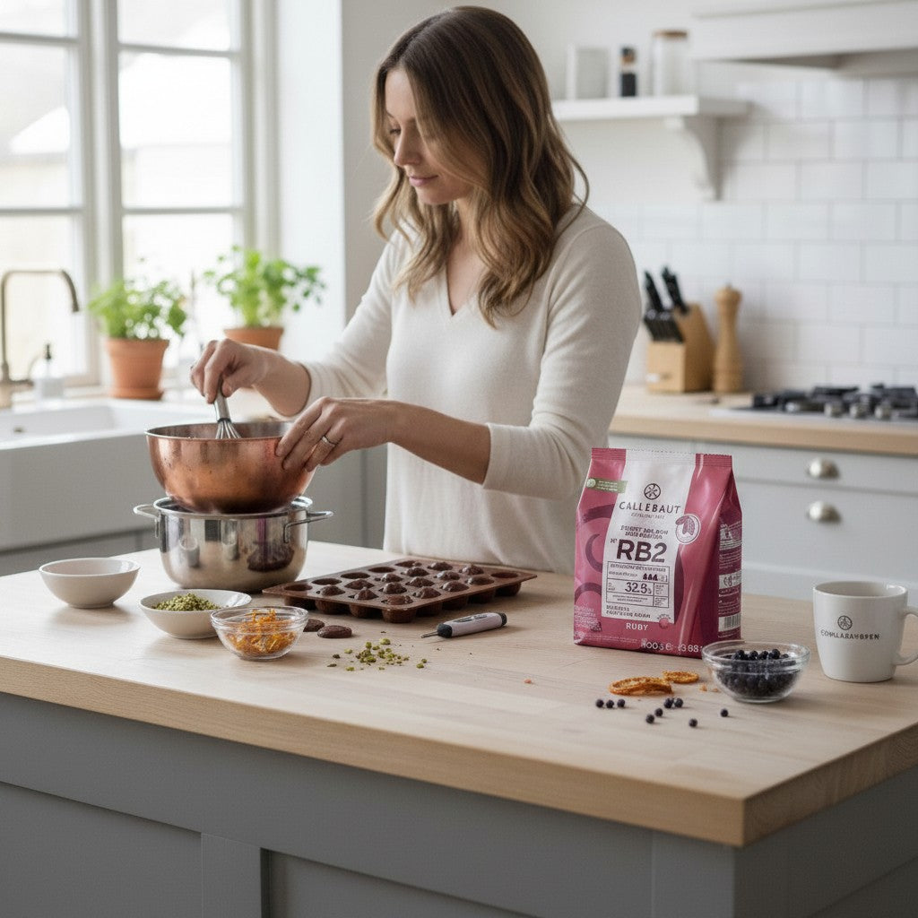 Kvinna som bakar med Chokladshopen Callebaut RB2 Ruby chokladpellets i ett ljust kök