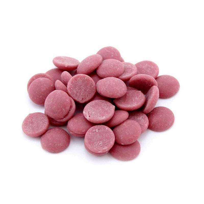 Chokladshopen Callebaut RB2 Ruby chokladpellets med sin karaktäristiska rosa färg för bakning och desserter.