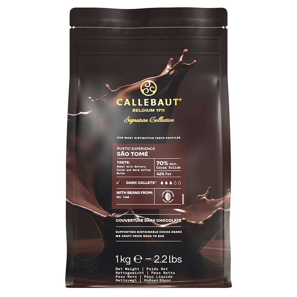 Chokladshopen Callebaut Rustic Sao Tomé mörk choklad 70% i 1kg påse med stänkande chokladmotiv