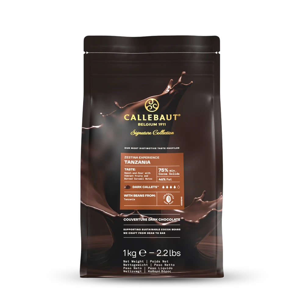 Chokladshopen Callebaut Zestina Tanzania 75% mörk choklad i 1kg påse med flytande chokladstänk.