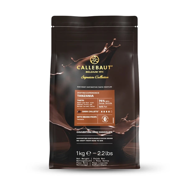 Chokladshopen Callebaut Zestina Tanzania 75% mörk choklad i 1kg påse med flytande chokladstänk.