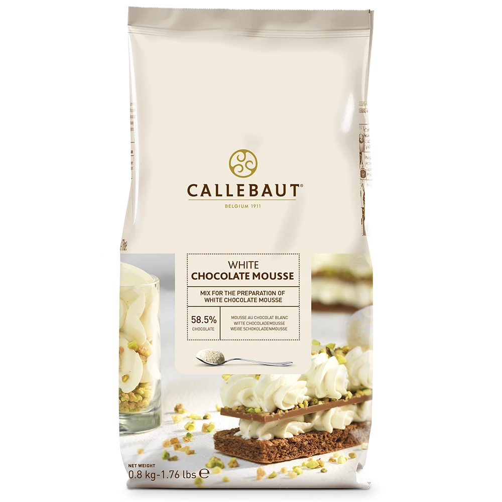 Chokladshopen Callebaut vit chokladmousse mix i 800g förpackning för professionell desserttillverkning.
