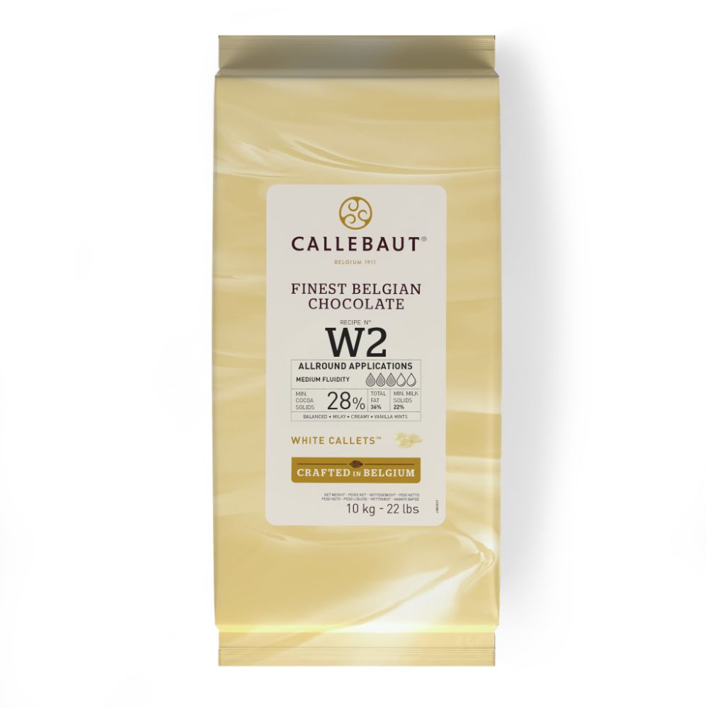 Chokladshopen Callebaut W2 vit chokladcouvertyr 28% i 10kg förpackning för professionell bakning och praliner.