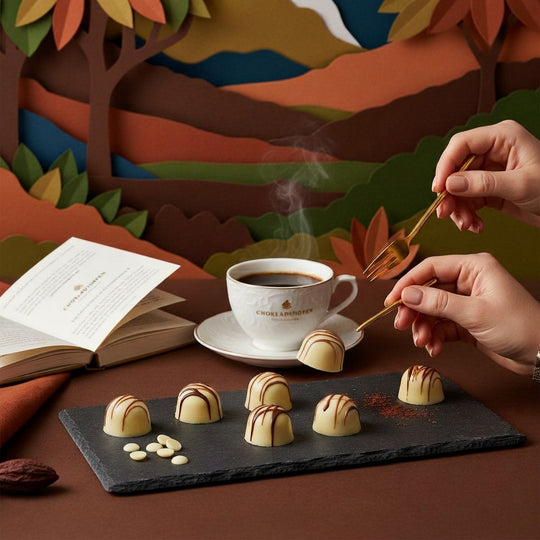Chokladshopen Callebaut W2 vit choklad som praliner på en skifferplatta med en kopp kaffe i en höstlig miljö