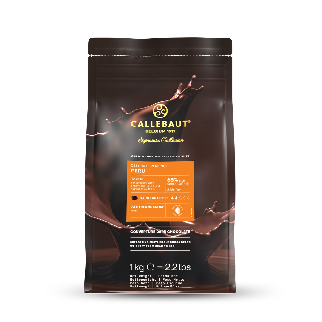 Chokladshopen Callebaut Zestina Peru 65% ekologisk mörk choklad i 1kg påse med chokladstänk