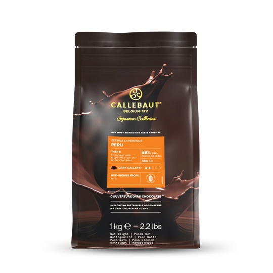 Chokladshopen Callebaut Zestina Peru 65% ekologisk mörk choklad i 1kg påse med chokladstänk