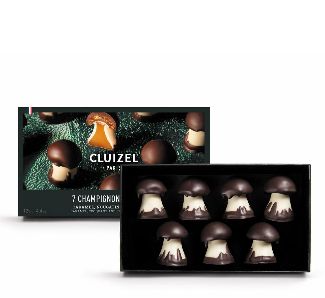 Chokladshopen Cluizel chokladsvampar med smörkola och krokanthatt i en elegant presentask på 125g.
