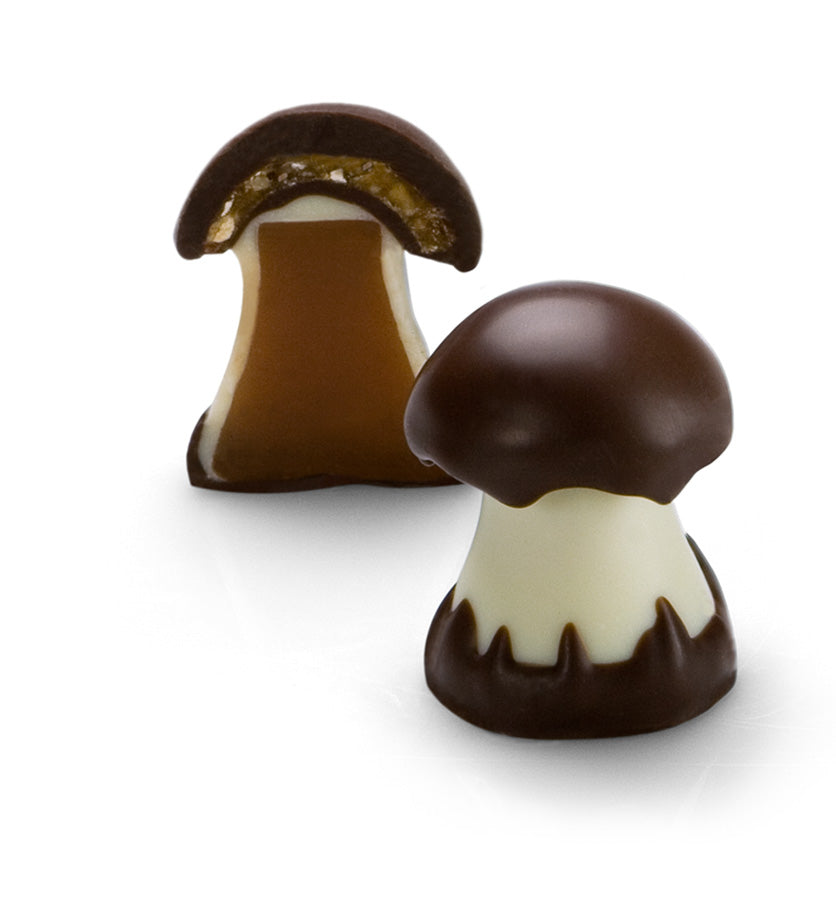 Chokladshopen Cluizel chokladsvampar med fot av smörkola och hatt av mörk choklad och krokan