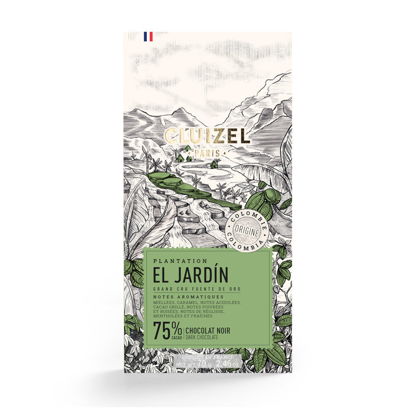 Chokladshopen Cluizel El Jardín 75% mörk chokladkaka med illustration av plantage i Colombia