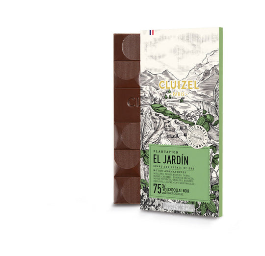 Chokladshopen Cluizel El Jardín 75% mörk chokladkaka med botanisk illustration på förpackningen