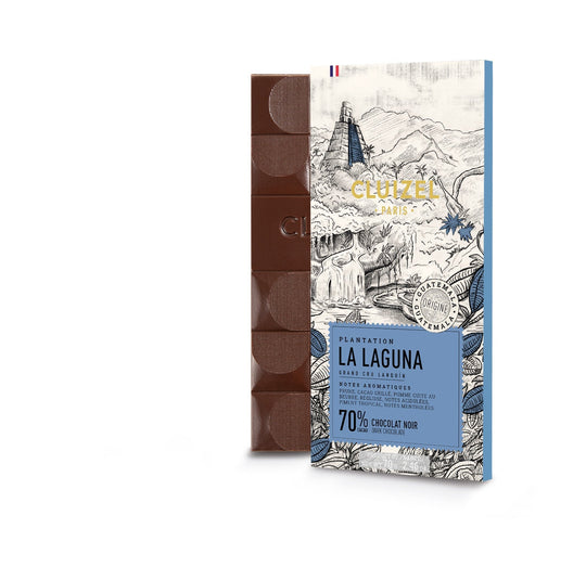 Chokladshopen Cluizel La Laguna mörk chokladkaka 70% med illustration av tempel och tropisk växtlighet.