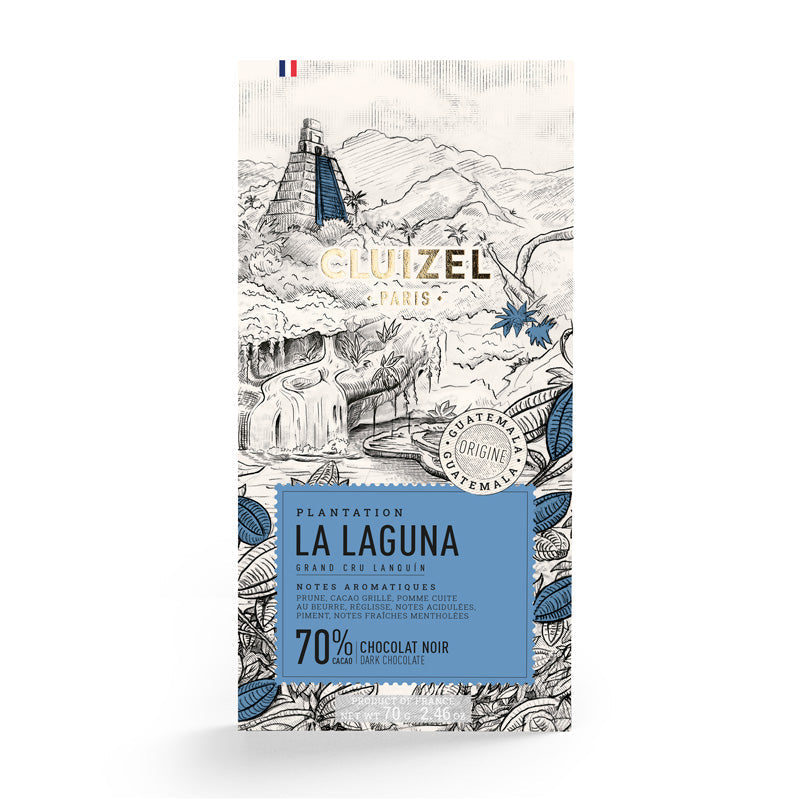 Chokladshopen Cluizel La Laguna mörk chokladkaka 70% med illustration av guatemalanskt landskap och tempel