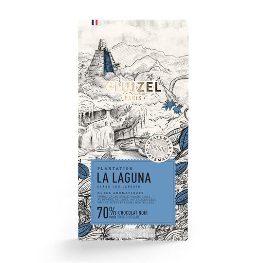 Chokladshopen Cluizel La Laguna mörk chokladkaka 70% med illustration av guatemalanskt landskap och tempel