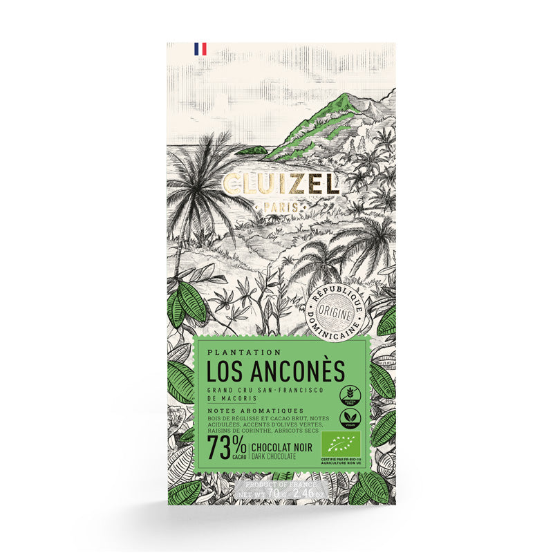 Chokladshopen Cluizel Los Anconès 73% ekologisk mörk chokladkaka med illustration av en plantage.