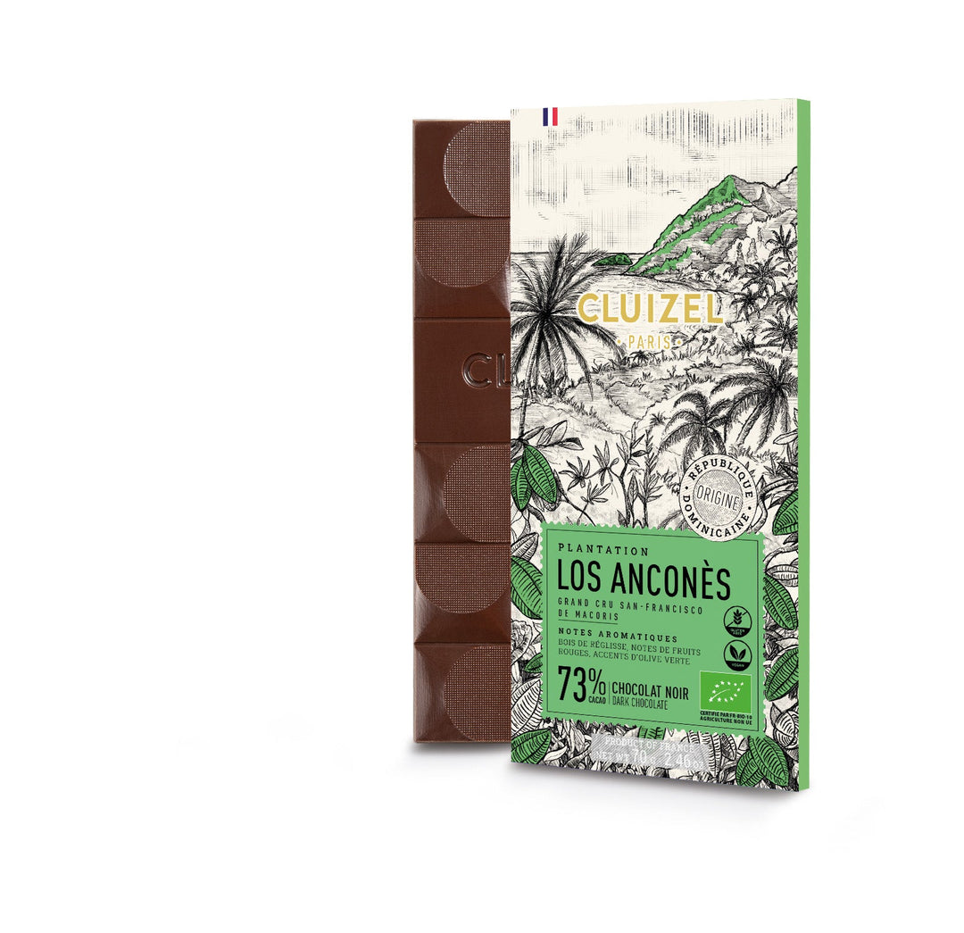 Chokladshopen Cluizel Los Anconès 73% ekologisk mörk chokladkaka med illustrerad förpackning från Dominikanska republiken