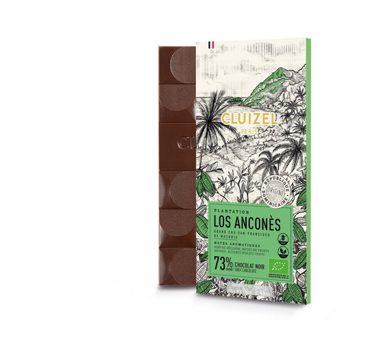 Chokladshopen Cluizel Los Anconès 73% ekologisk mörk chokladkaka med illustrerad förpackning från Dominikanska republiken