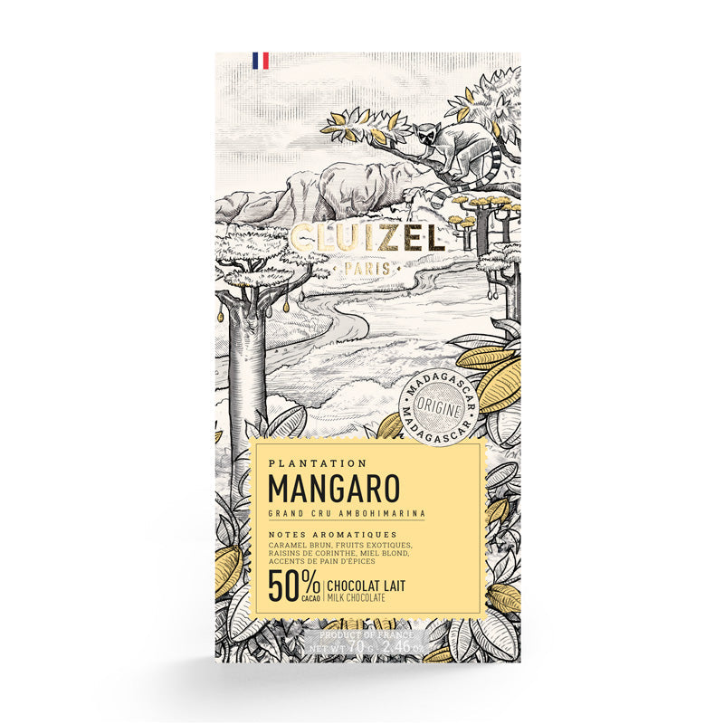 Chokladshopen Cluizel Mangaro Lait 50% mjölkchokladkaka med illustration av lemur och Madagaskar-landskap