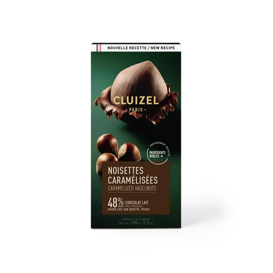 Chokladshopen Cluizel mjölkchokladkaka med 48% kakao och karamelliserade hasselnötter i en grön förpackning
