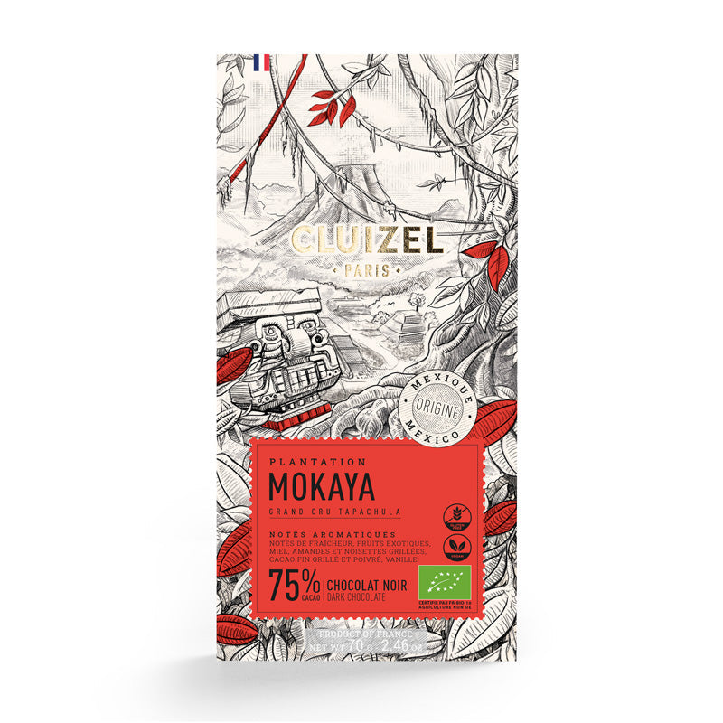 Chokladshopen Cluizel Mokaya 75% ekologisk mörk chokladkaka med detaljerad illustration av mexikansk plantage
