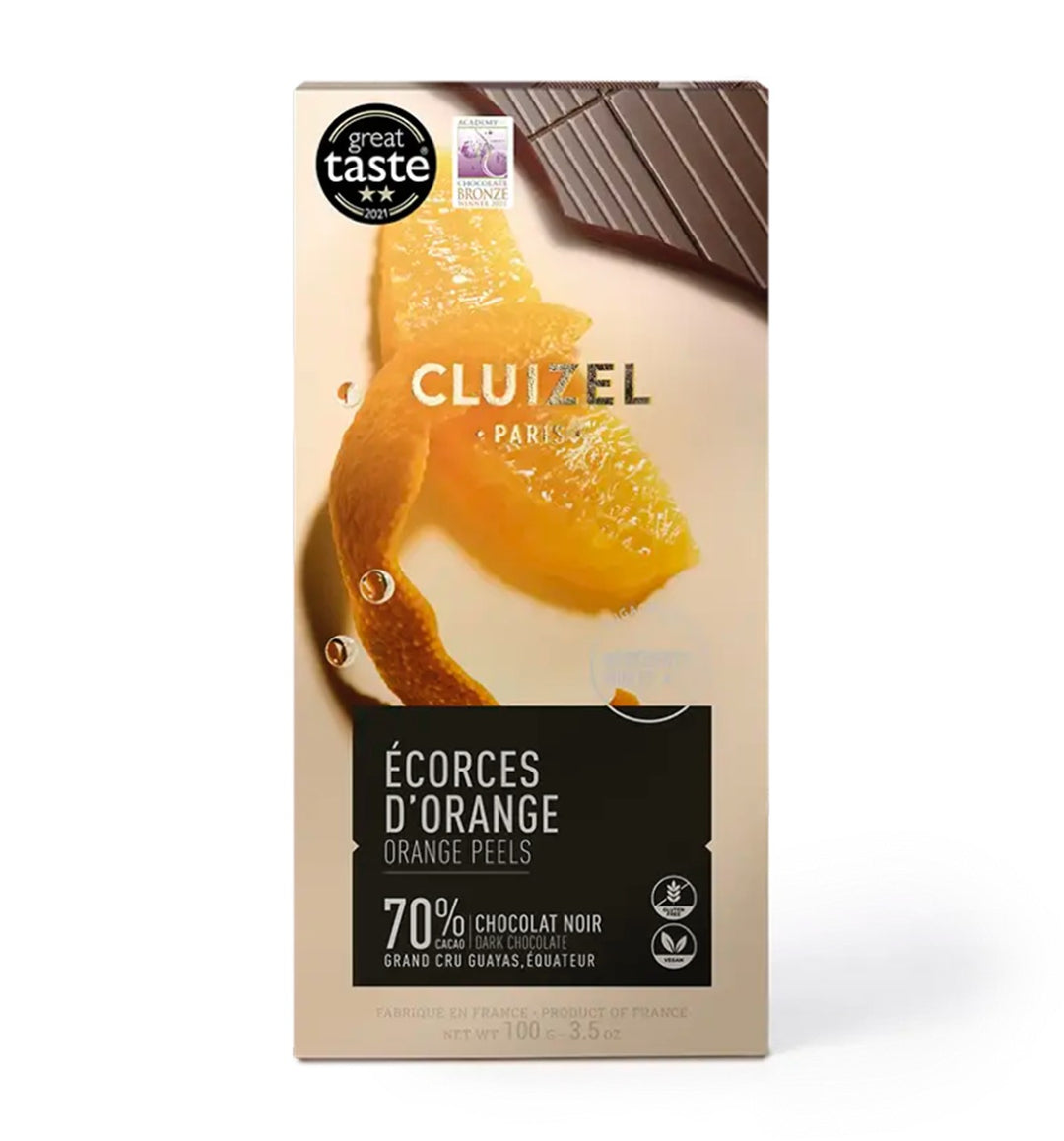 Chokladshopen Cluizel mörk choklad 70% med kanderade apelsinskal i elegant förpackning