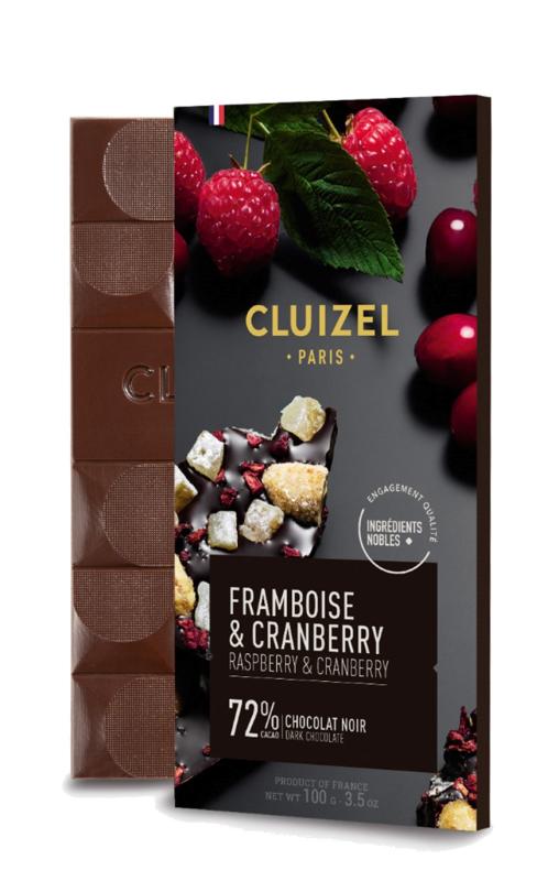 Chokladshopen Cluizel mörk choklad 72% med hallon, tranbär, mandel och kanderad citron i 100g förpackning