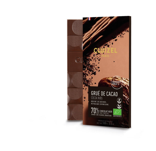 Chokladshopen Cluizel mörk chokladkaka 72% med krossade kakaobönor i elegant förpackning