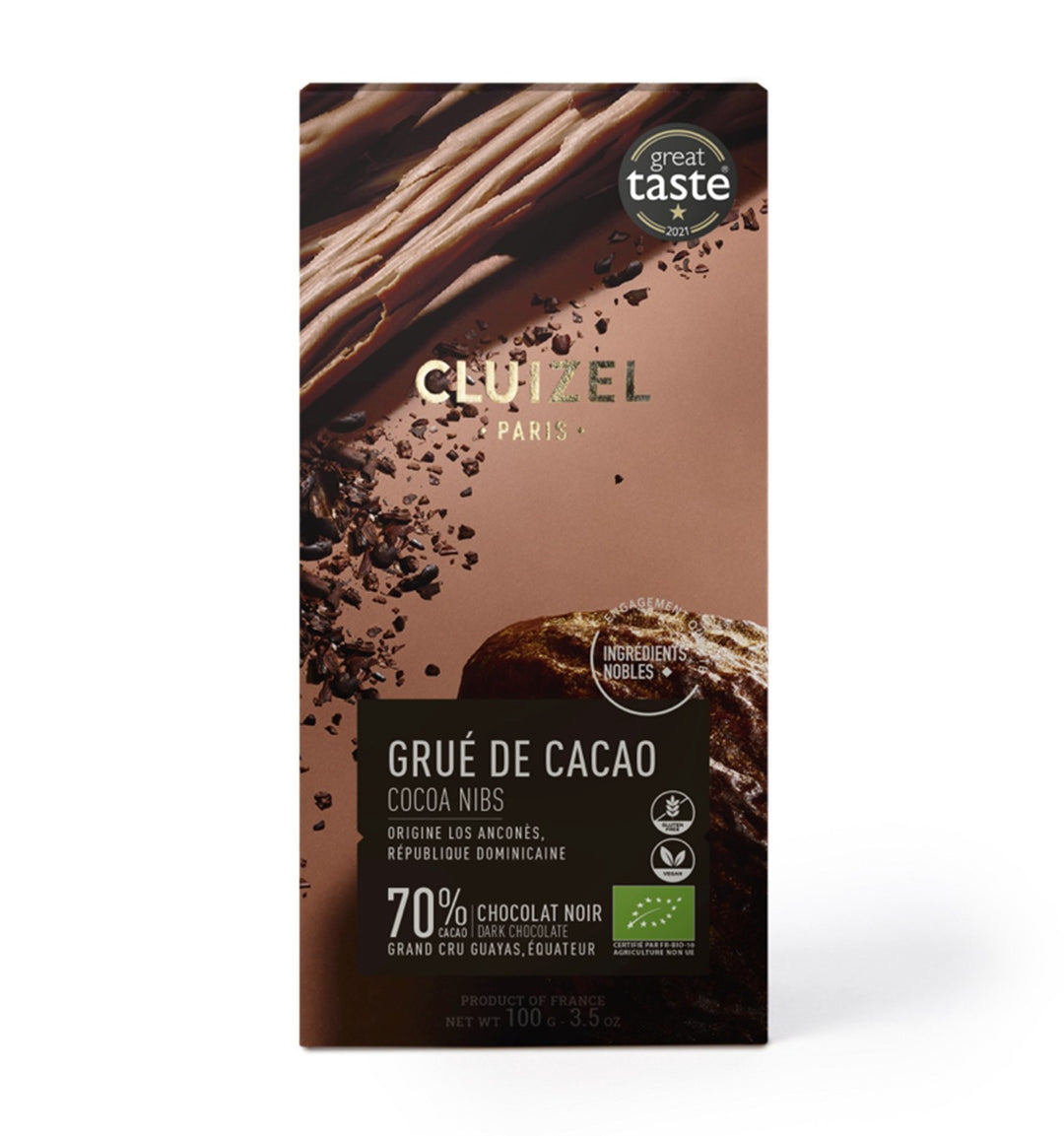 Chokladshopen Cluizel Noir Au Grué De Cacao 72% mörk chokladkaka med krossade kakaobönor i 100g förpackning.