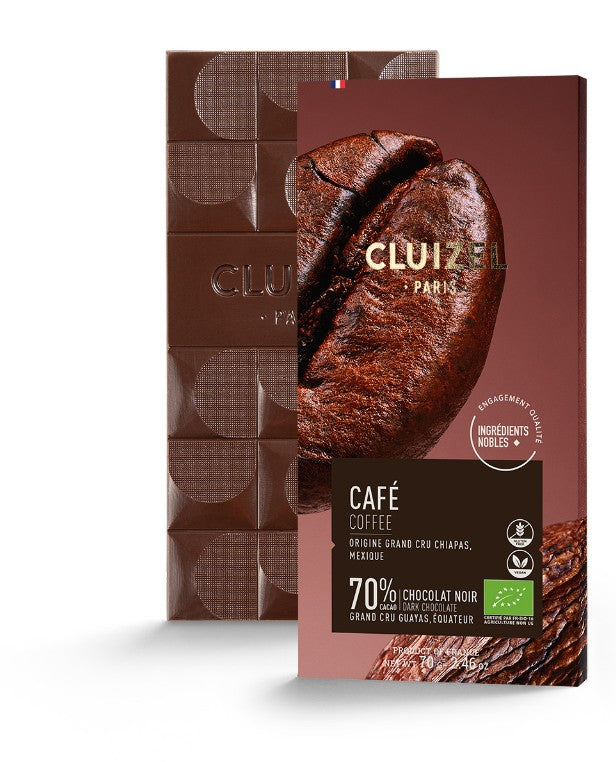 Chokladshopen Cluizel Noir Au Café 70% mörk chokladkaka med intensiv arom av brasilianska Arabicabönor.