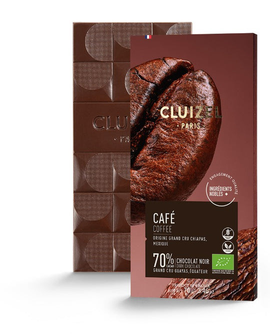 Chokladshopen Cluizel Noir Au Café 70% mörk chokladkaka med intensiv arom av brasilianska Arabicabönor.