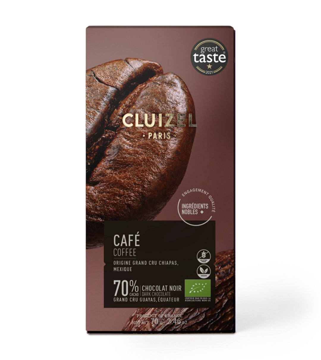 Chokladshopen Cluizel Noir Au Café 70% mörk chokladkaka med intensiv smak av brasilianska Arabicabönor