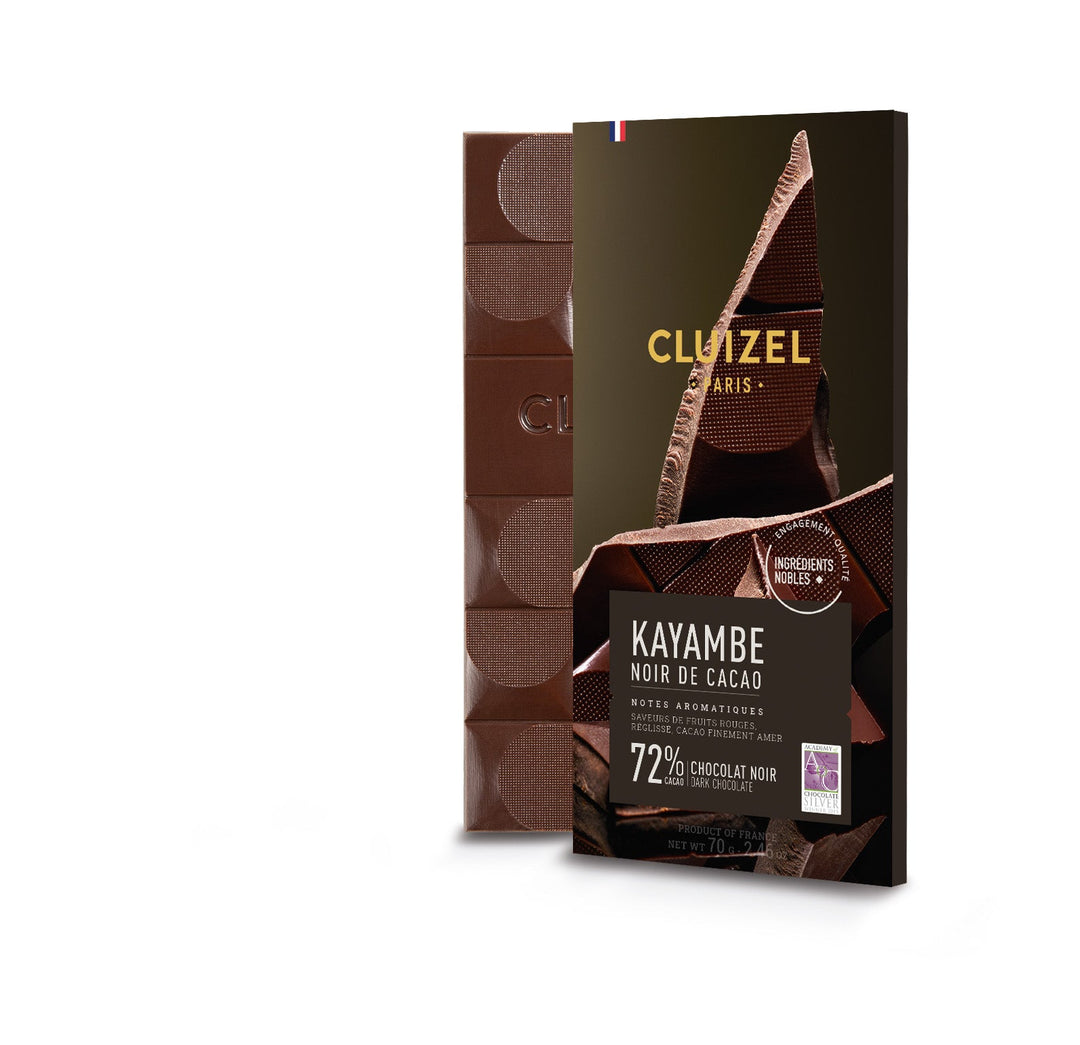 Chokladshopen Cluizel Noir De Cacao 72% mörk chokladkaka med elegant syra och toner av mogen frukt och nötter.