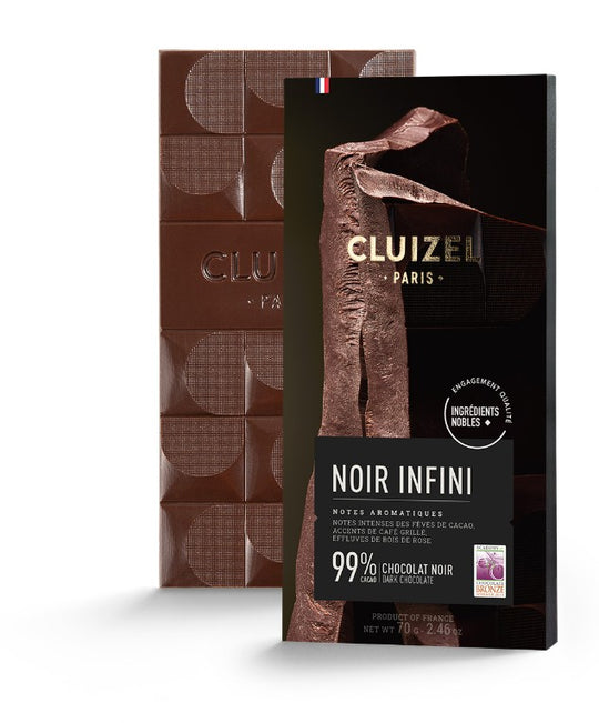 Chokladshopen Cluizel Noir Infini 99% mörk chokladkaka med intensiv smak och elegant förpackning