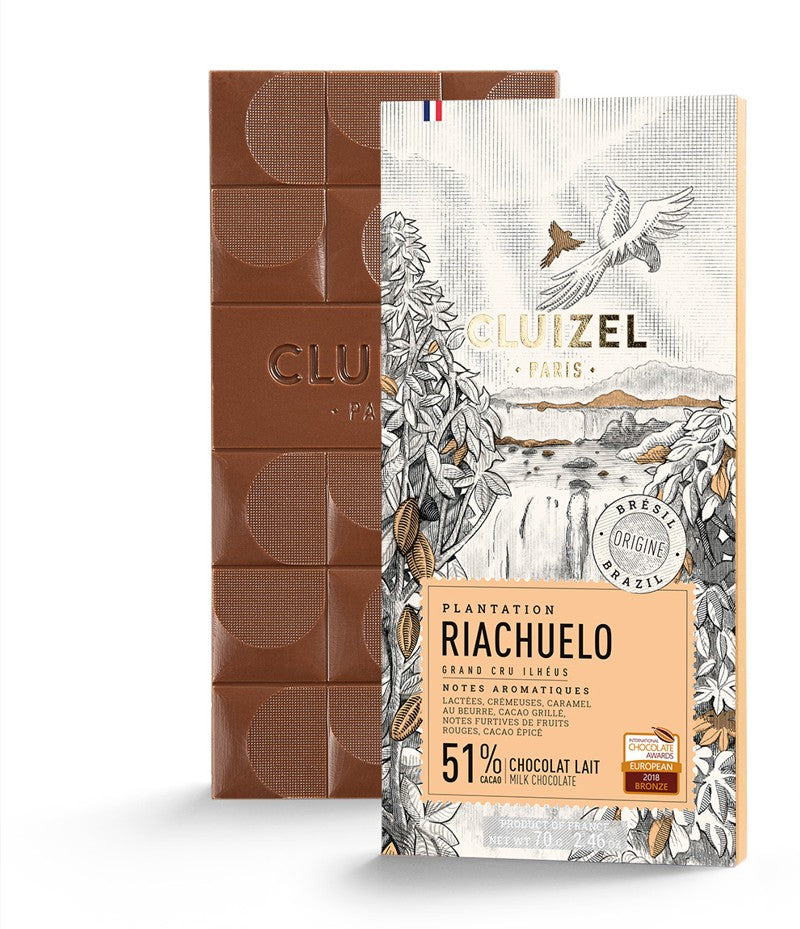 Chokladshopen Cluizel Riachuelo mjölkchokladkaka 51% kakao med krämig smak av karamell och röda frukter