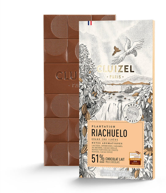 Chokladshopen Cluizel Riachuelo mjölkchokladkaka 51% kakao med krämig smak av karamell och röda frukter
